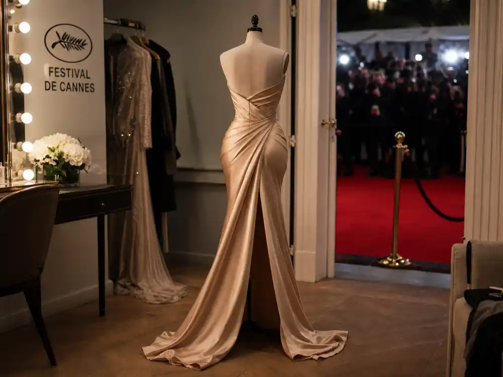 Champagne haute couture gown with thigh slit on dress form from behind illustrating cannes film festival celebrity style 2026 couture silhouette codes