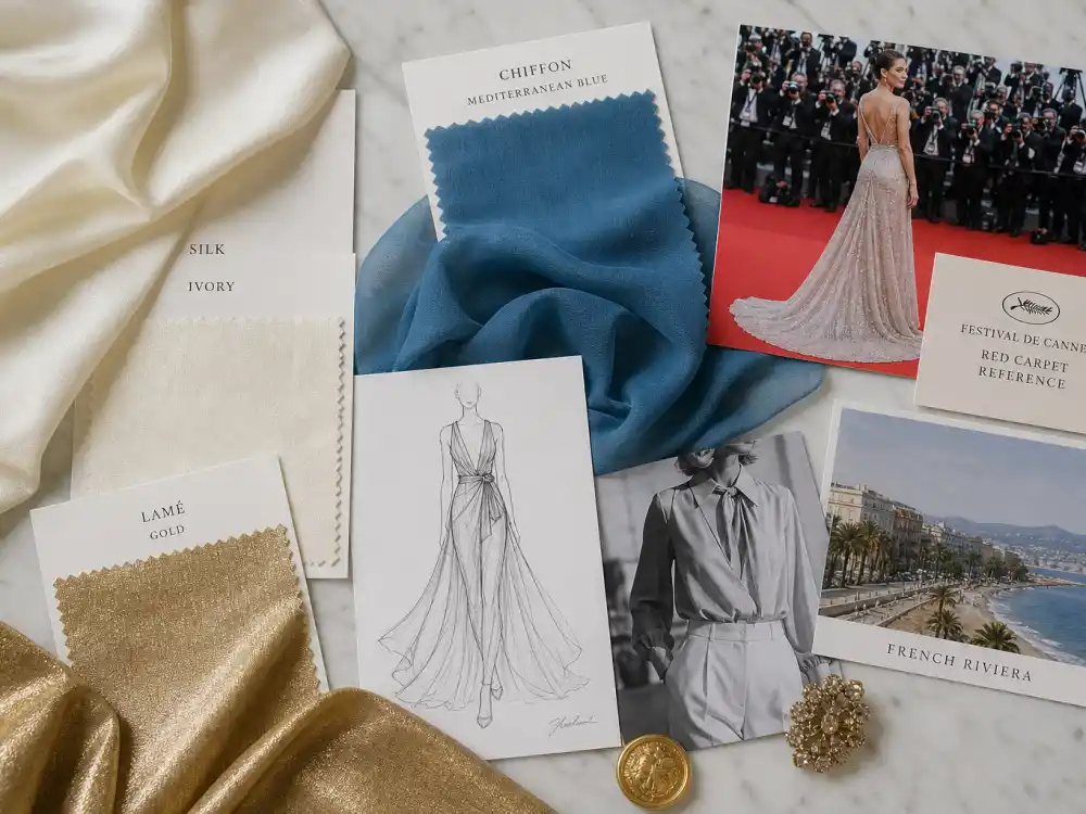 French Riviera silk and Mediterranean blue fabric swatches flat lay defining cannes film festival celebrity style 2026 red carpet texture foundation