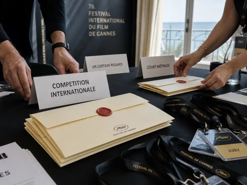Sealed Cannes jury envelopes in the press room before Park Chan-wook's jury revealed the Cannes Film Festival 2026 winners list