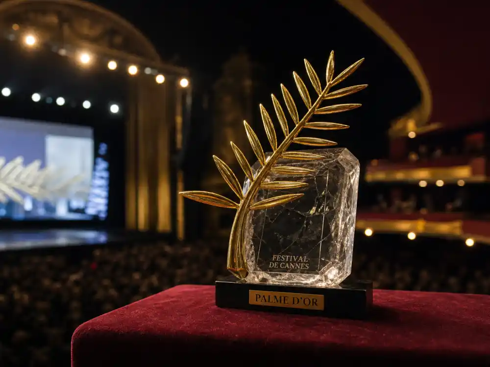 Golden Palme d'Or trophy on ceremony stage symbolizing Palme shocks ranked in Cannes most controversial moments history