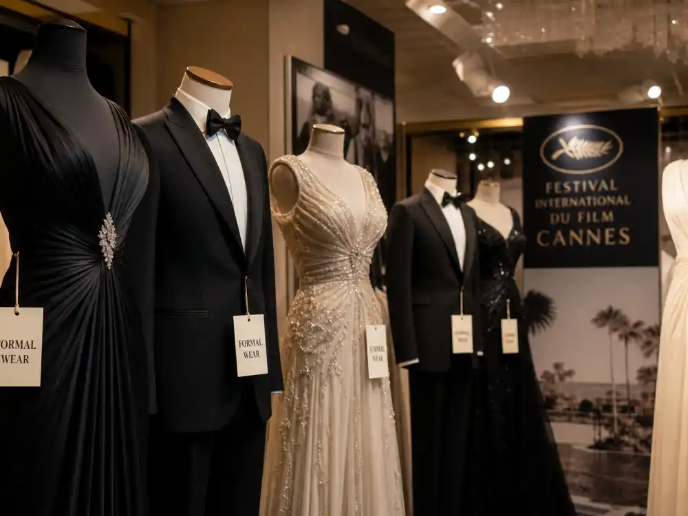 Black-tie formal evening wear on mannequins illustrating Cannes red carpet rules and dress code expectations for premiere screenings