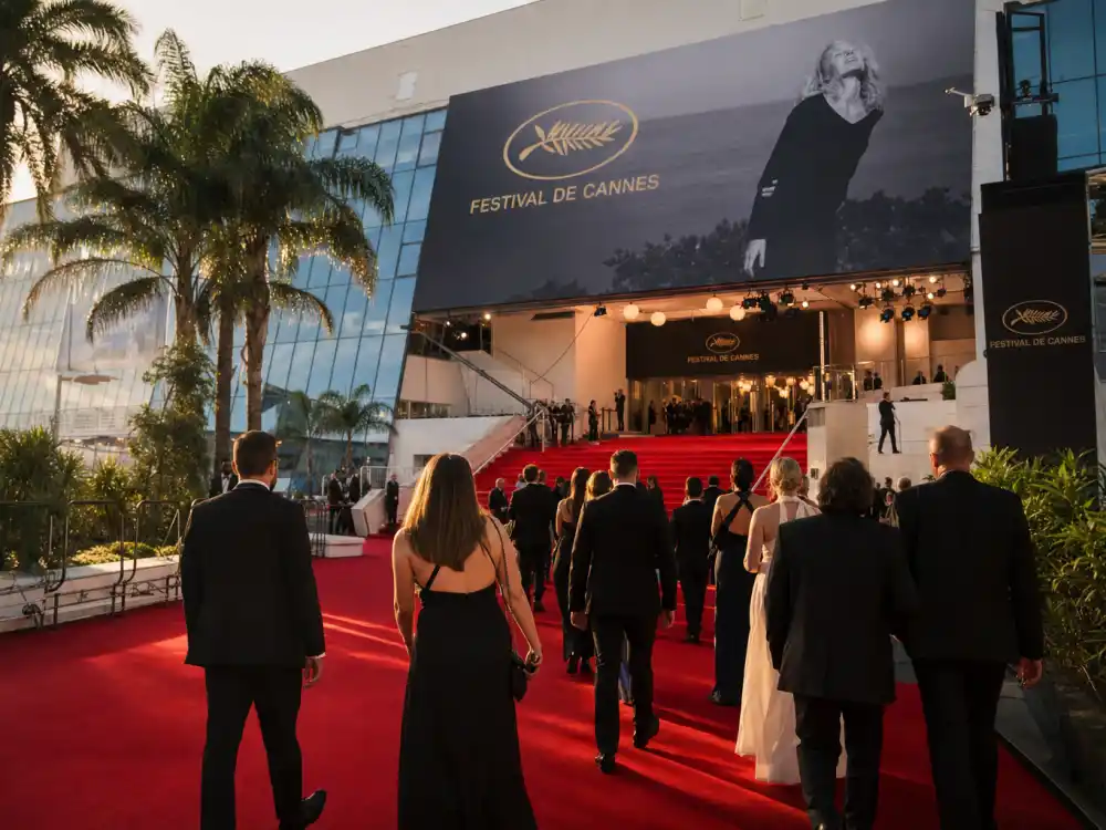 Palais des Festivals exterior with red carpet for Cannes red carpet rules and dress code premiere night at the Mediterranean festival