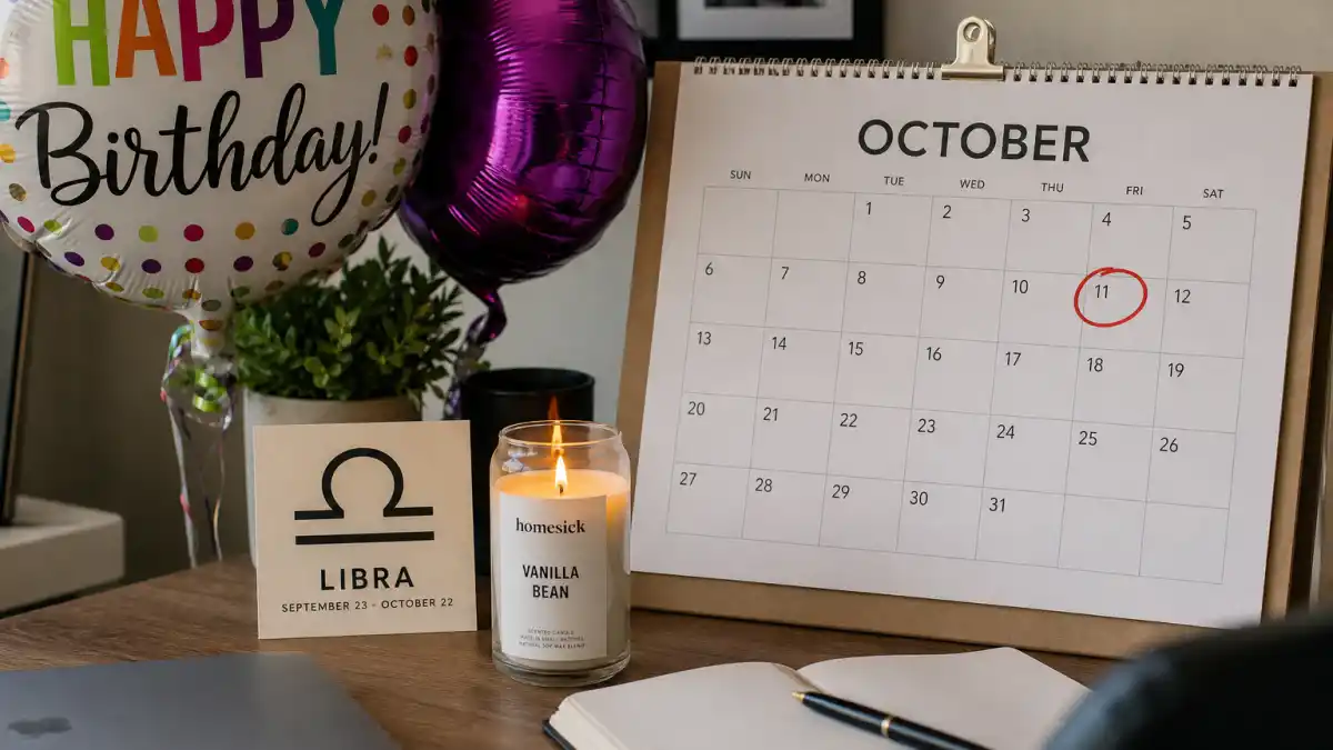 Cardi B age and birthday 2026 — desk calendar open to October 11 with Libra zodiac decorations marking her verified birth date