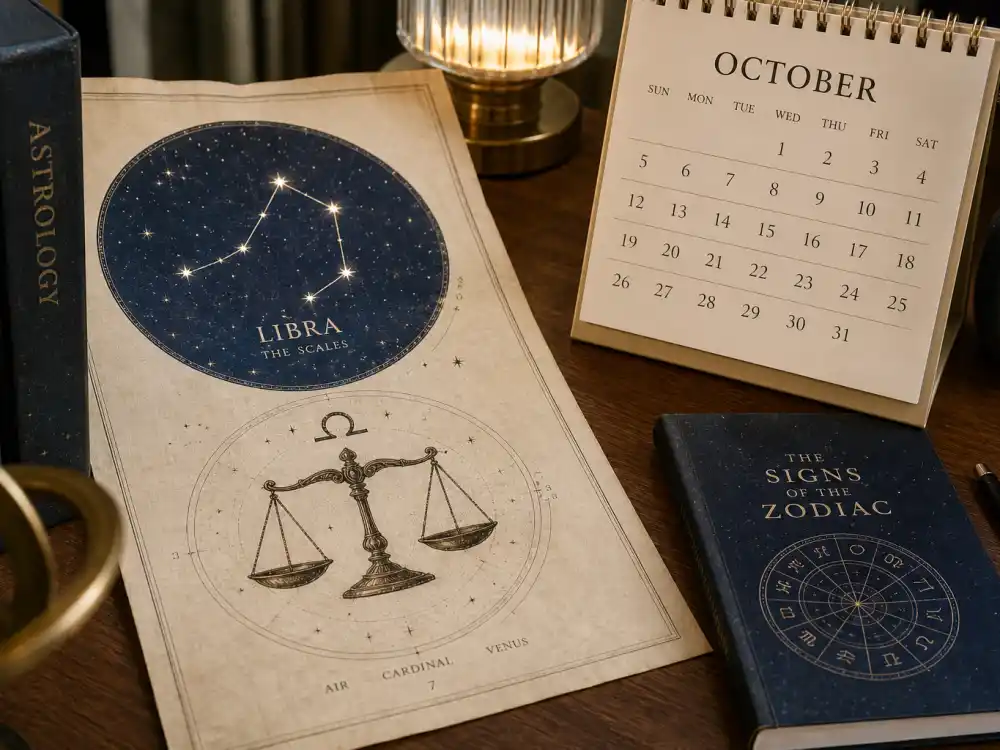 Libra zodiac chart beside October calendar for Cardi B age and birthday 2026 — October 11 birth date places her under Libra in Western astrology