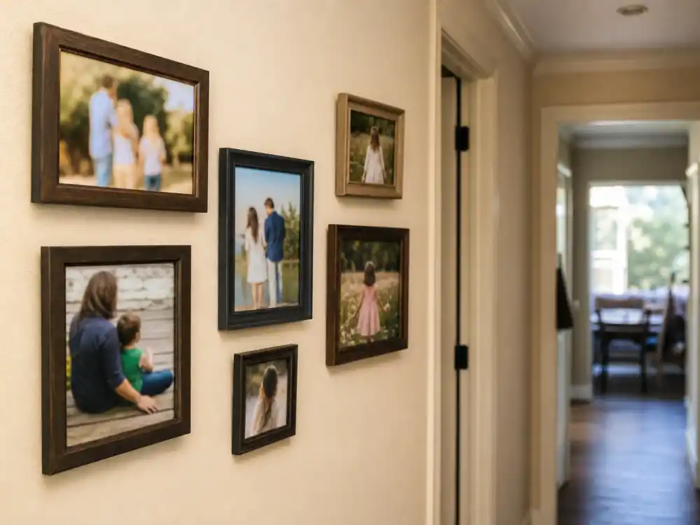 Blurred family photo frames on hallway wall in Carter family privacy rules for kids — faces turned away per Beyonce controlled sharing policy