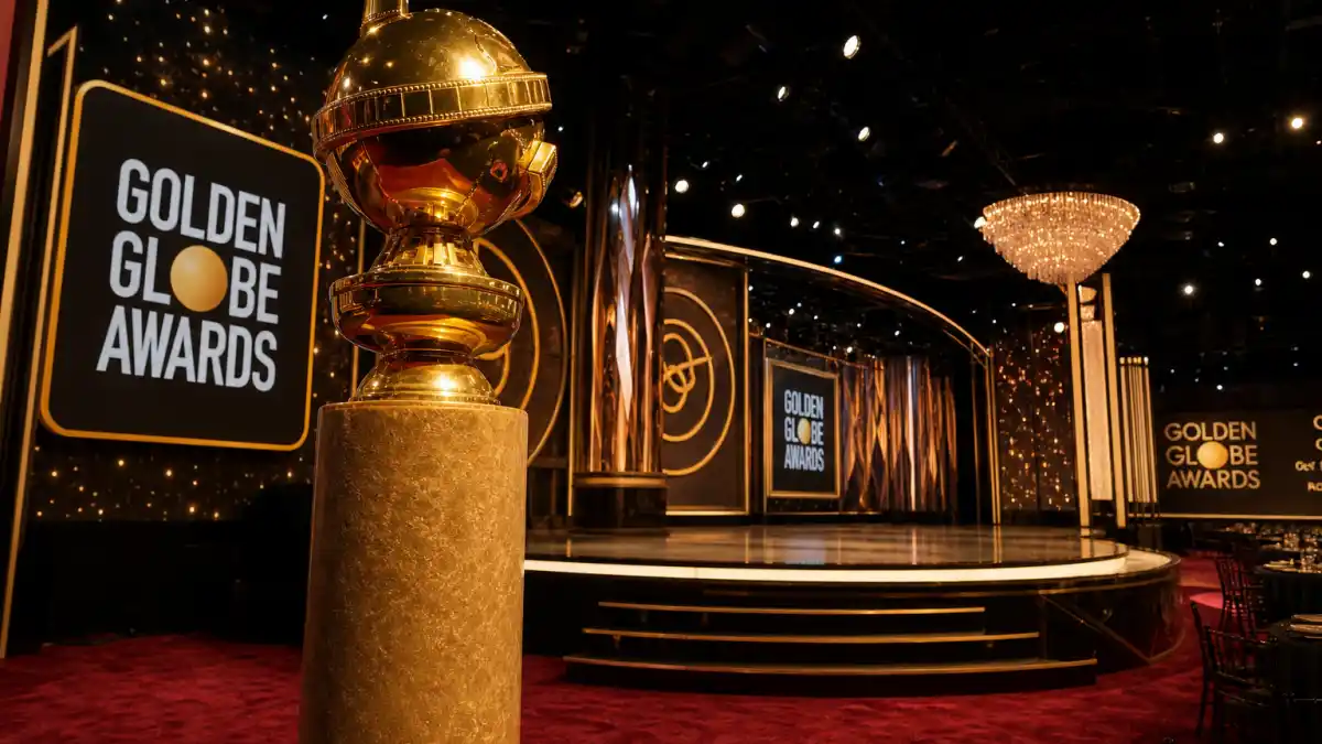 Cecil B DeMille Award winners list — Golden Globes ceremony stage with golden globe statuette and Beverly Hilton awards presentation backdrop