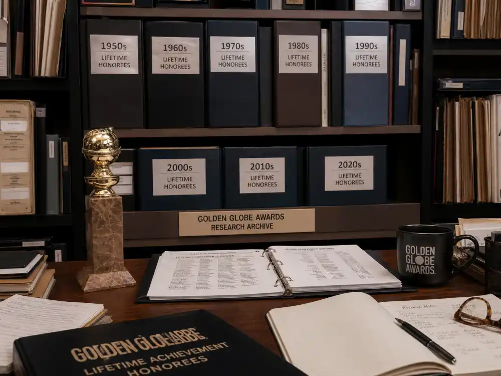 Awards research archive with decade binders for navigating the complete Cecil B DeMille Award winners list from 1952 through 2026