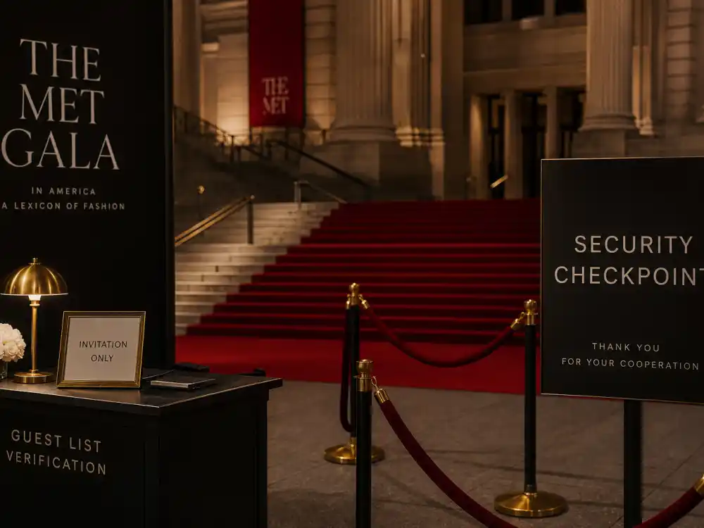 Met Gala security checkpoint — celebrities banned from the Met Gala are turned away when names fail guest list verification at museum entrance