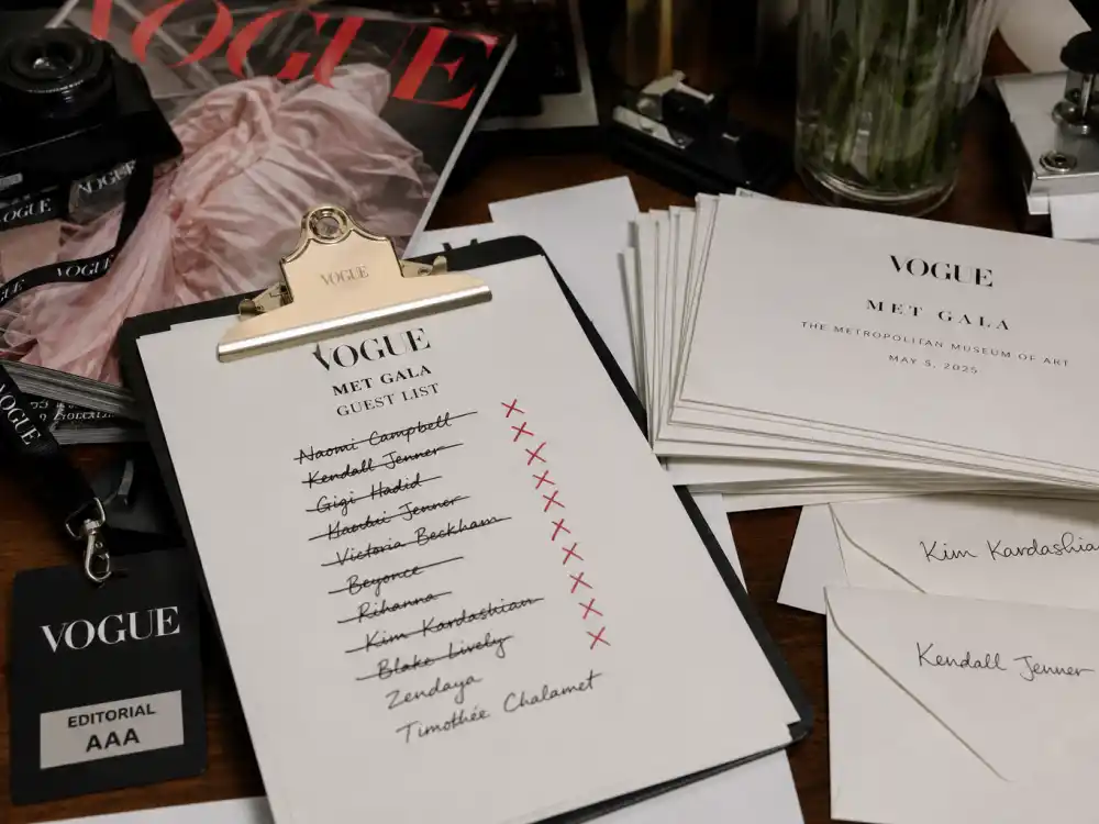 Vogue guest list clipboard — celebrities banned from the Met Gala are crossed off during Anna Wintour invitation curation each spring
