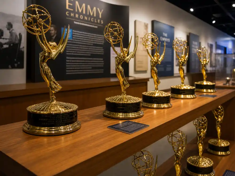 Television awards museum display of winged statuettes for celebrities close to an EGOT Emmy near-miss tracking