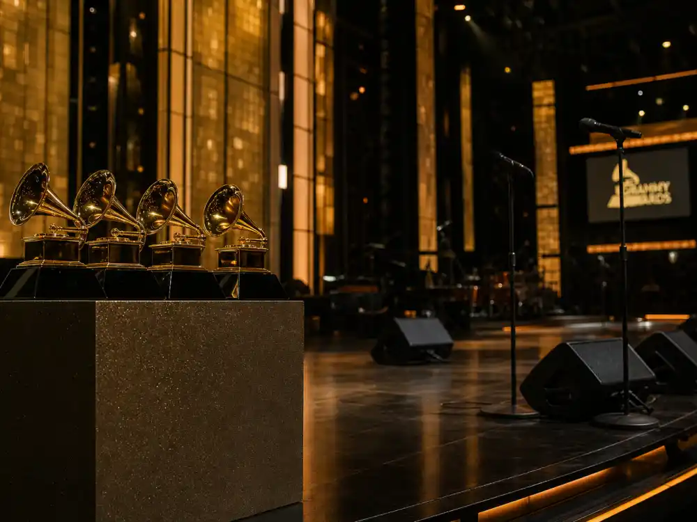 Grammy-style concert stage with gramophone trophies for celebrities close to an EGOT music leg status updates