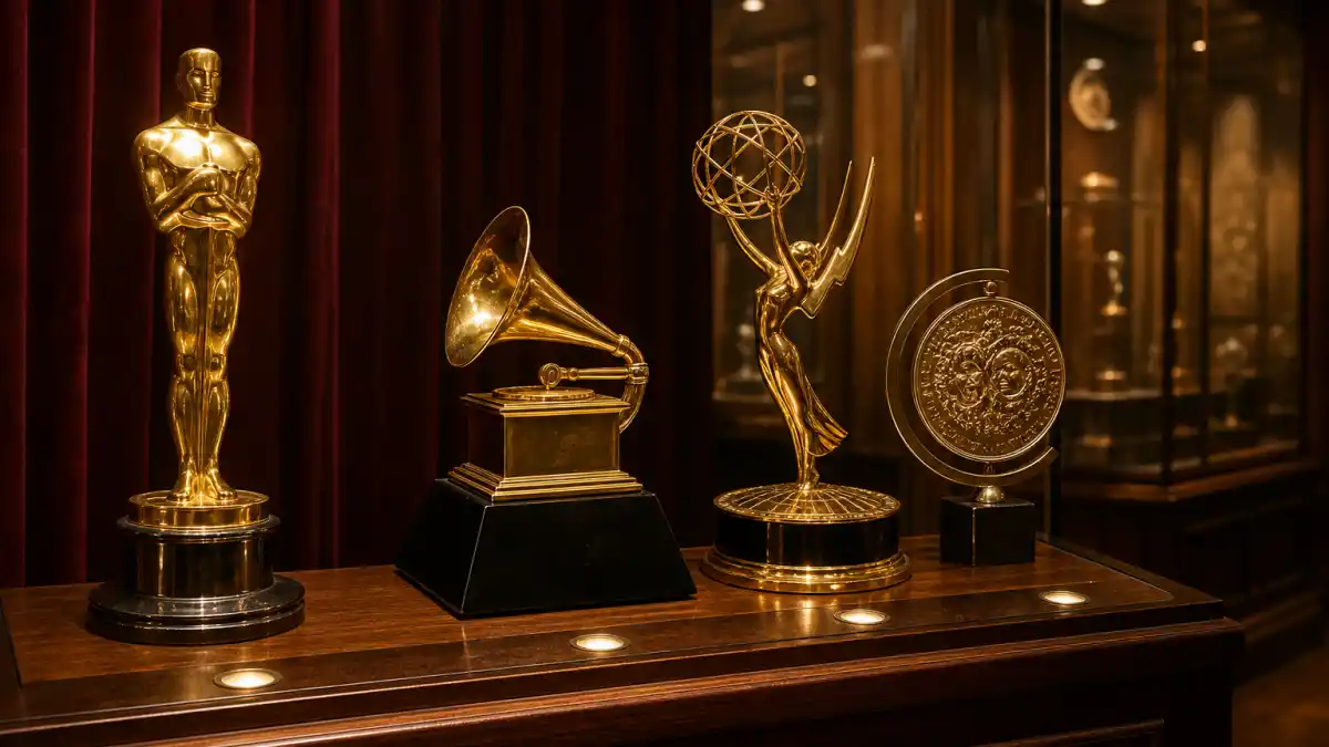 Celebrities close to an EGOT — four golden entertainment award trophies on museum display representing Emmy Grammy Oscar and Tony quadruple crown