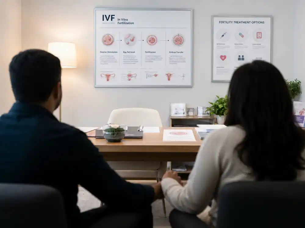 IVF clinic consultation room for celebrities open about IVF struggles editorial — anonymous couple silhouettes holding hands without identifiable faces