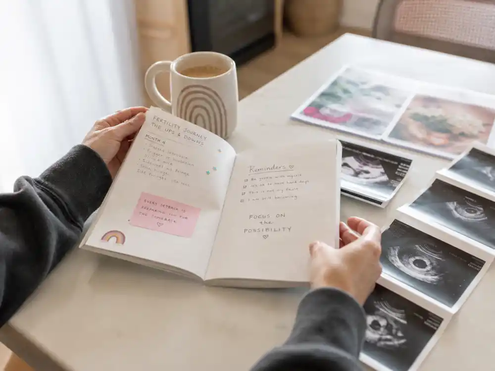 Fertility journey journal and ultrasound printouts for celebrities open about IVF struggles — hopeful treatment notes editorial without identifiable faces