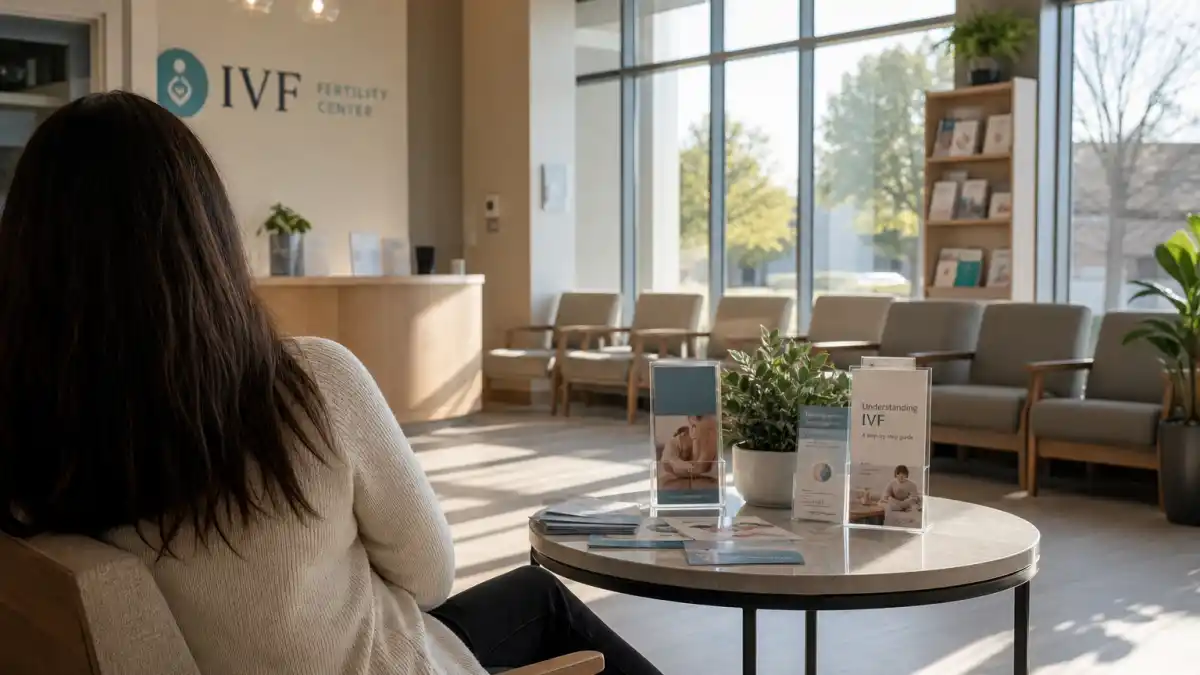 Celebrities open about IVF struggles hero — IVF clinic waiting room with anonymous patient silhouette awaiting fertility treatment without identifiable faces
