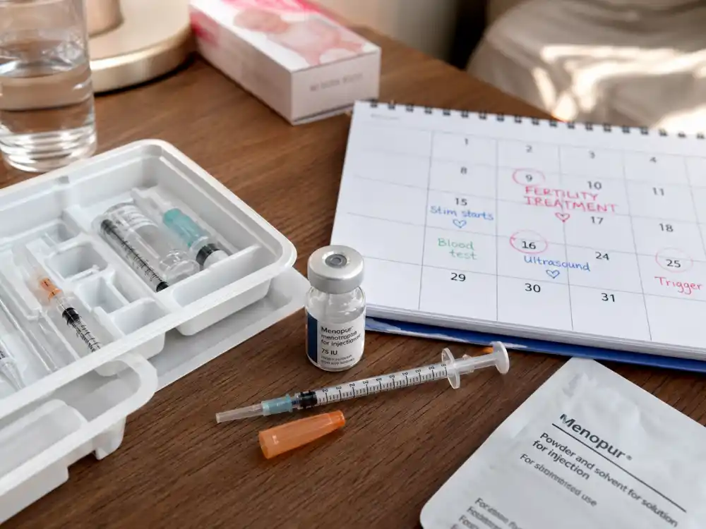 Hormone injection kit on bedside table for celebrities open about IVF struggles — fertility treatment calendar editorial without identifiable faces