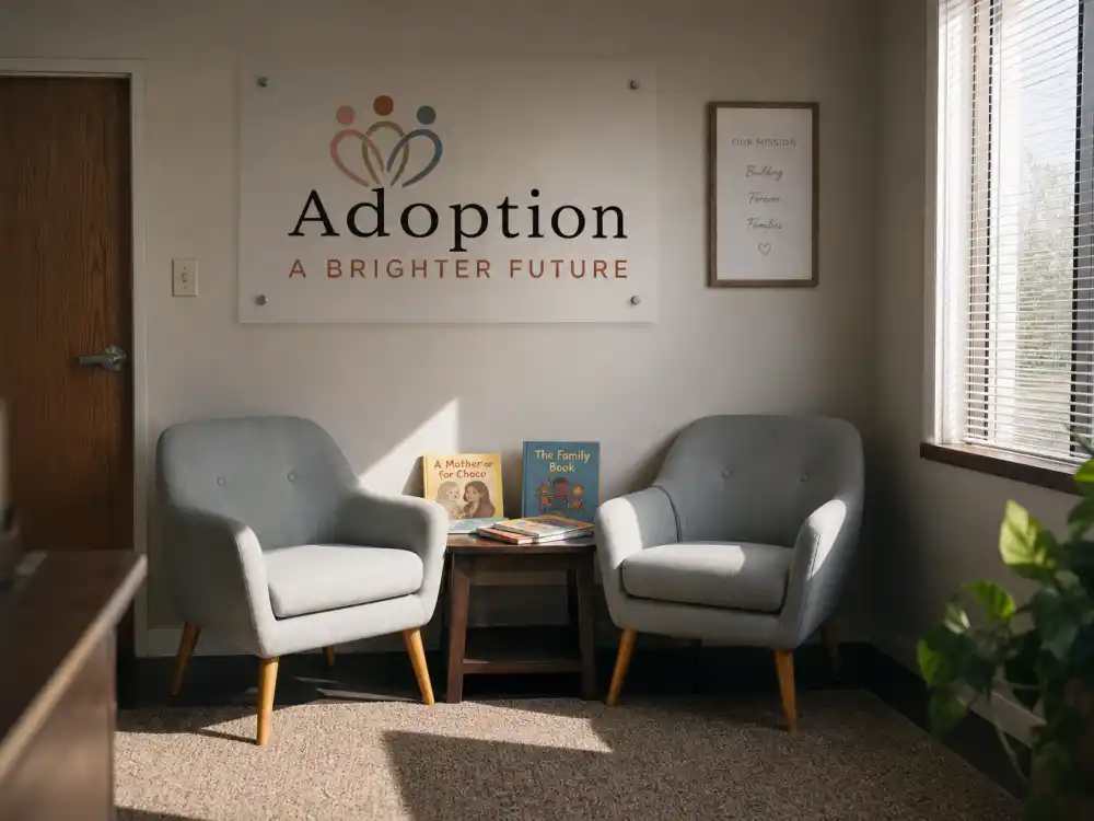 Adoption agency waiting room with children books for celebrities who adopted children stories home-study context without identifiable faces
