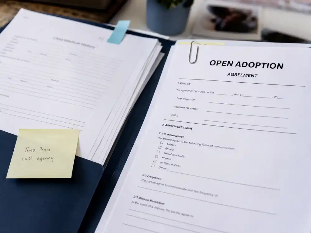 Open adoption paperwork folder with forms for celebrities who adopted children stories editorial — clipped documents and pen without identifiable faces