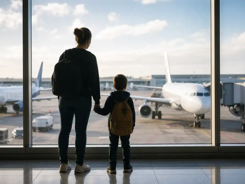 Family silhouette from behind at airport gate for celebrities who adopted children stories international adoption editorial without identifiable faces