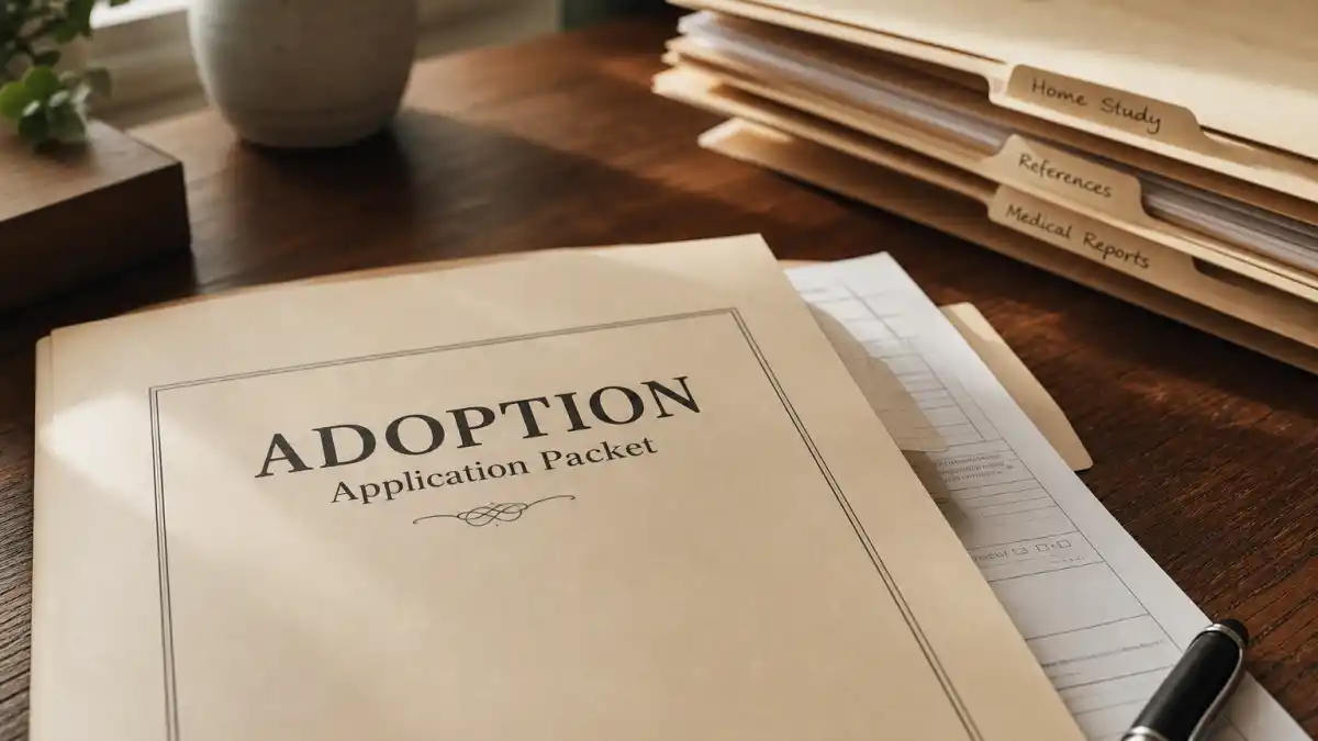 Celebrities who adopted children stories adoption paperwork folder on desk — manila application packet and home-study tabs without identifiable faces