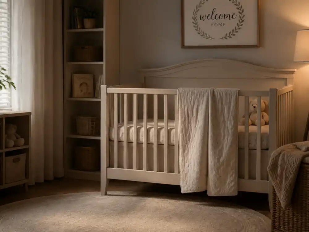 Welcome-home nursery with neutral crib for celebrities who adopted children stories — soft blankets and stuffed animal without identifiable faces