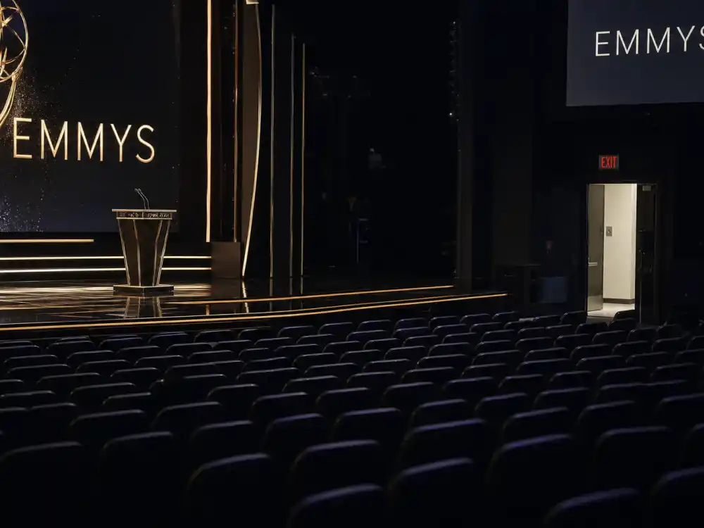 Empty Emmy telecast podium with open backstage exit door symbolizes walkouts by celebrities who boycotted award shows when voting bodies ignored their demands
