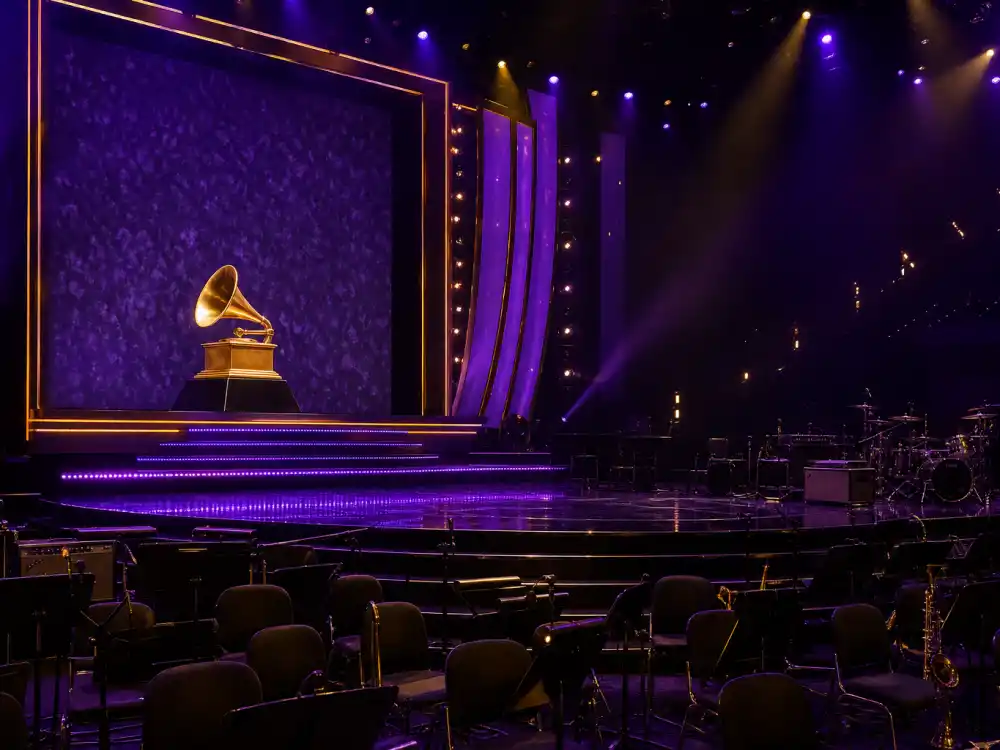 Vacant Grammy-style music awards stage with lone gramophone trophy shows Recording Academy boycotts tied to lists of celebrities who boycotted award shows