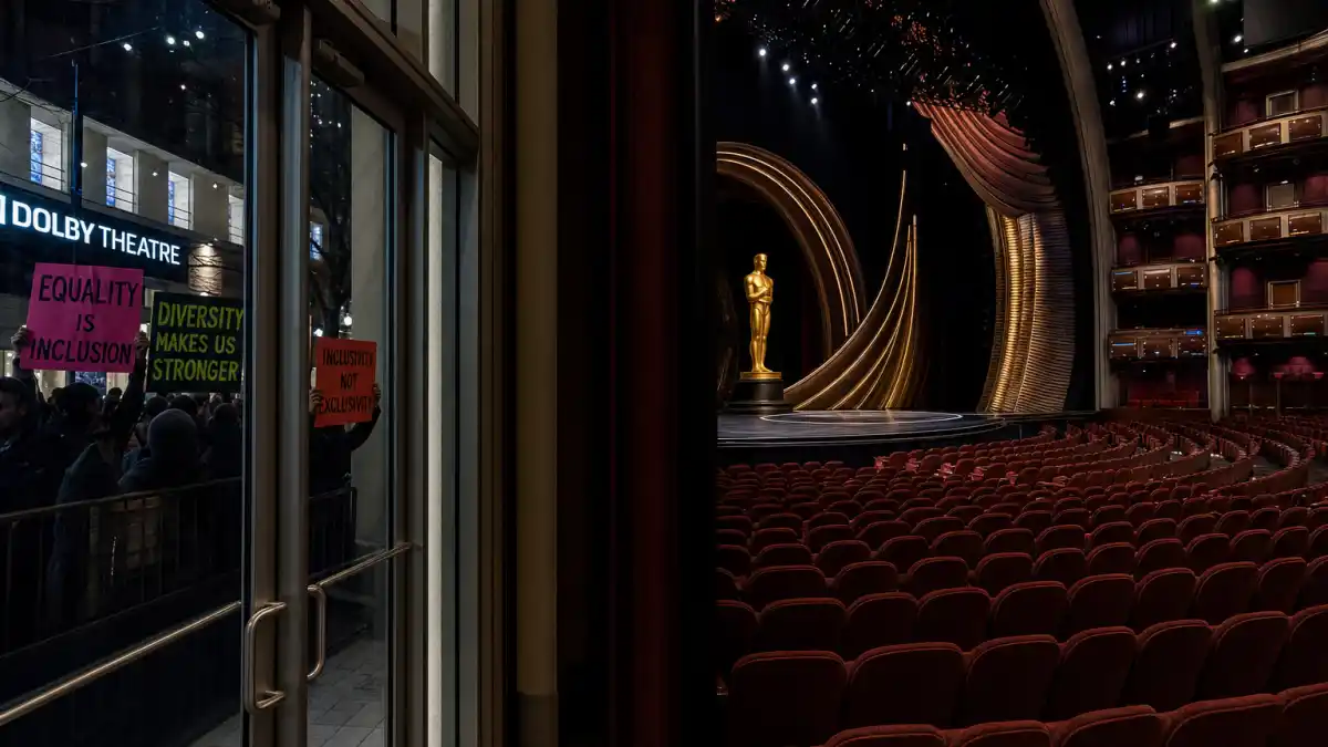 Celebrities who boycotted award shows — empty Dolby Theatre auditorium with protest signs for diversity visible through glass doors outside