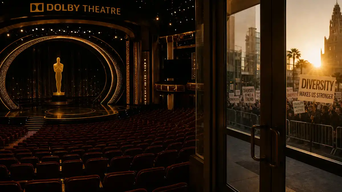 Celebrities who criticized the Oscars — empty Dolby Theatre auditorium with diversity protest signs visible through glass doors outside