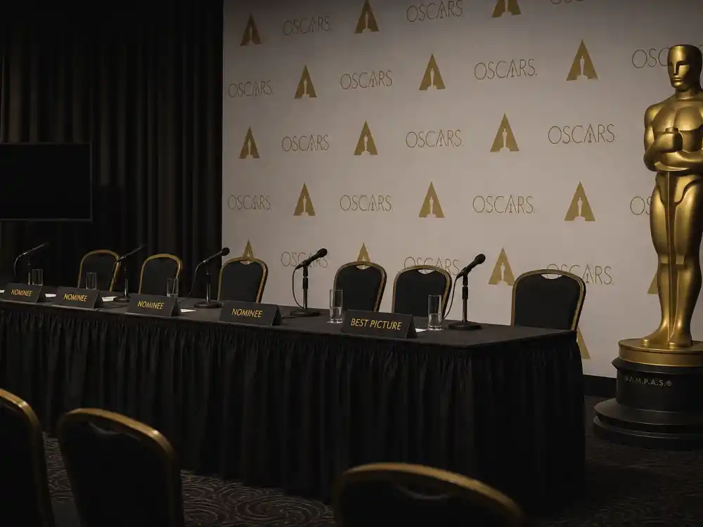 Empty Oscar press room with turned-off microphones represents backstage silence after celebrities who criticized the Oscars refused to validate Academy self-congratulation