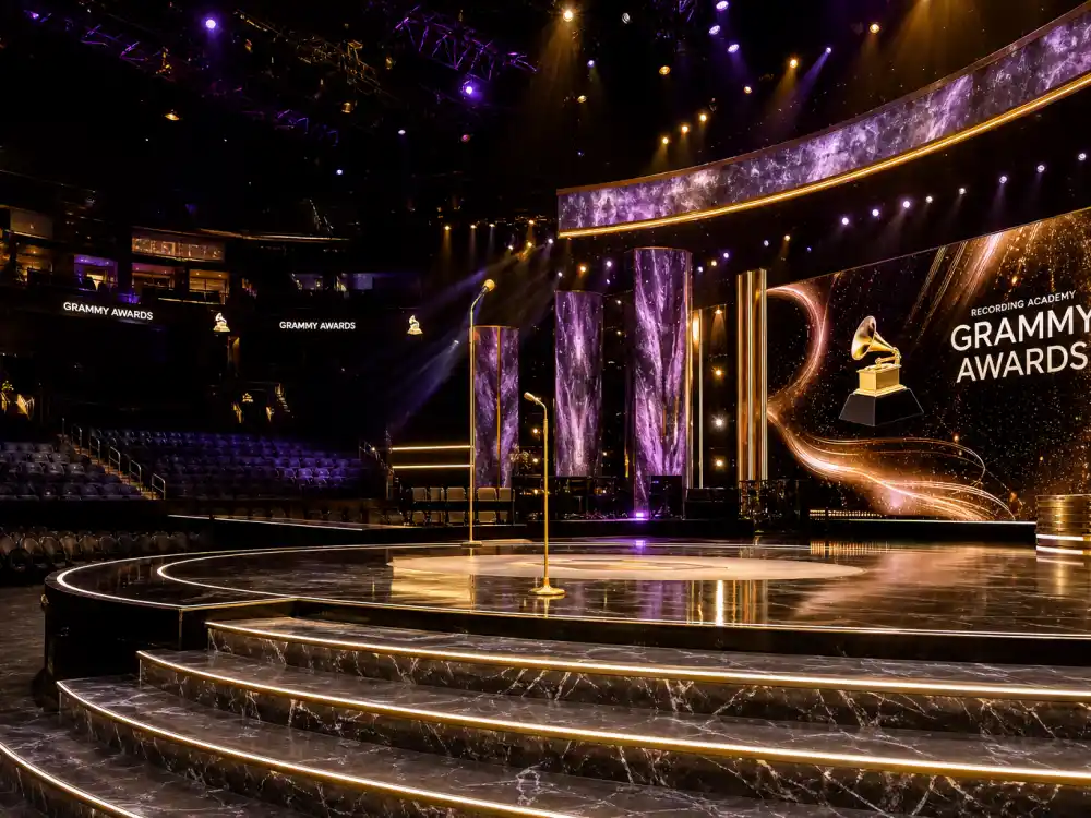 Empty Grammy Awards arena stairs show cross-ceremony celebrities who fell on stage at award shows beyond the Oscars
