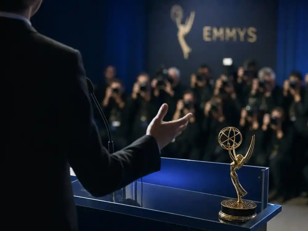 Emmy Awards television podium with ACLU pin visible on anonymous presenter illustrates modern celebrities who got political at award shows