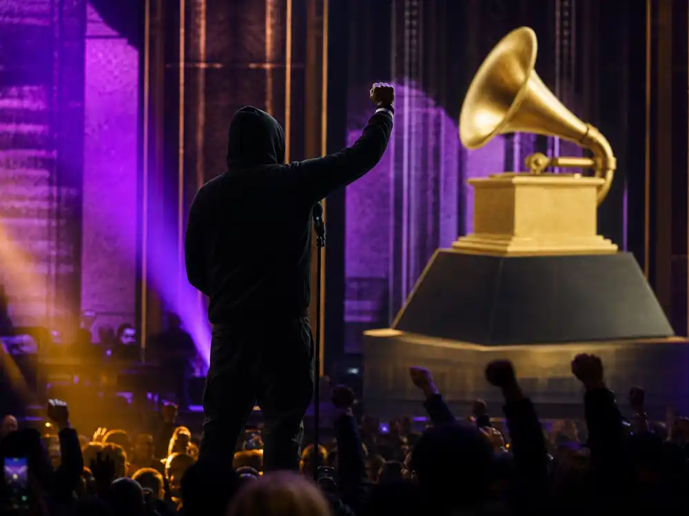Grammy Awards stage with raised fist performance symbolizes Kendrick Lamar and Macklemore political moments among celebrities who got political at award shows