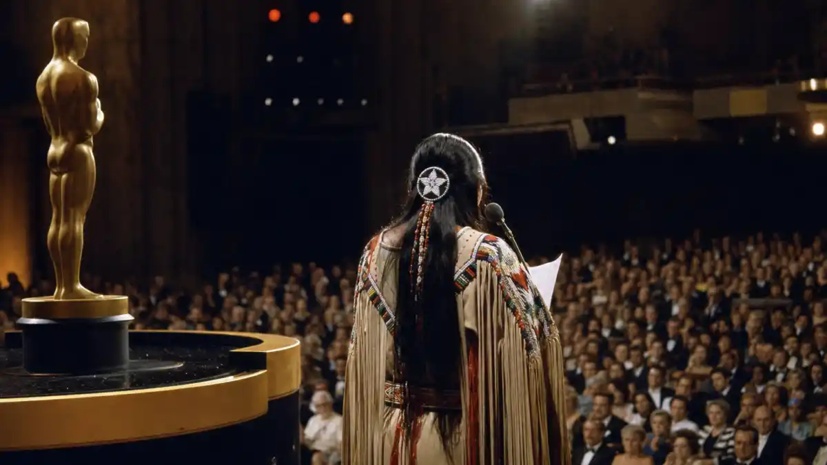 Celebrities who got political at award shows — anonymous activist at Oscar podium with golden statuette during historic 1973 protest speech moment