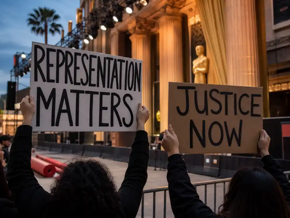 Anonymous hands holding representation protest signs outside a vacant awards red carpet capture street pressure behind celebrities who got political at award shows