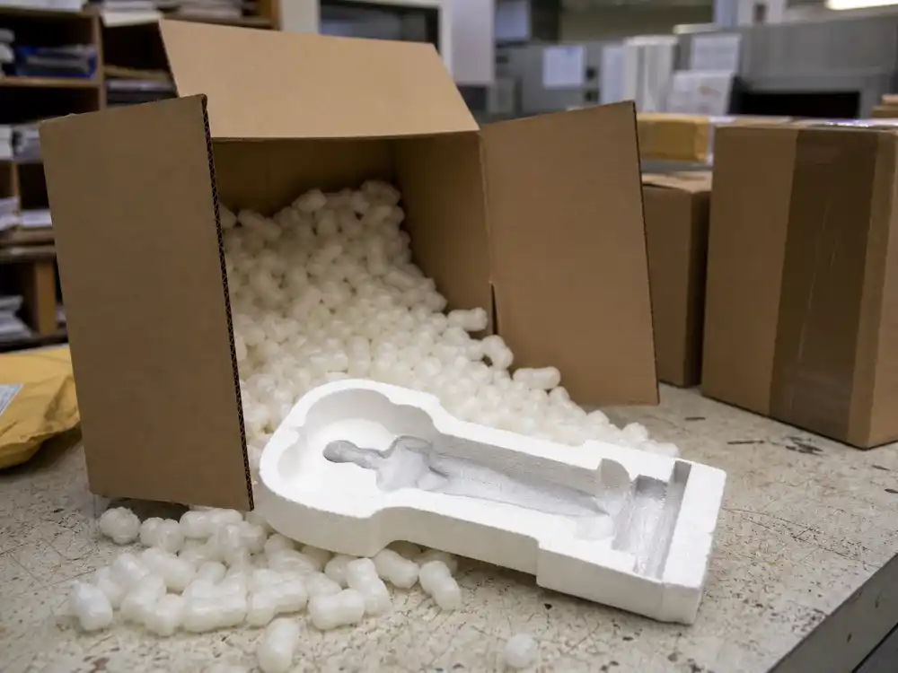 Open shipping box with empty Oscar foam insert for celebrities who lost their award trophies mailroom and transit losses