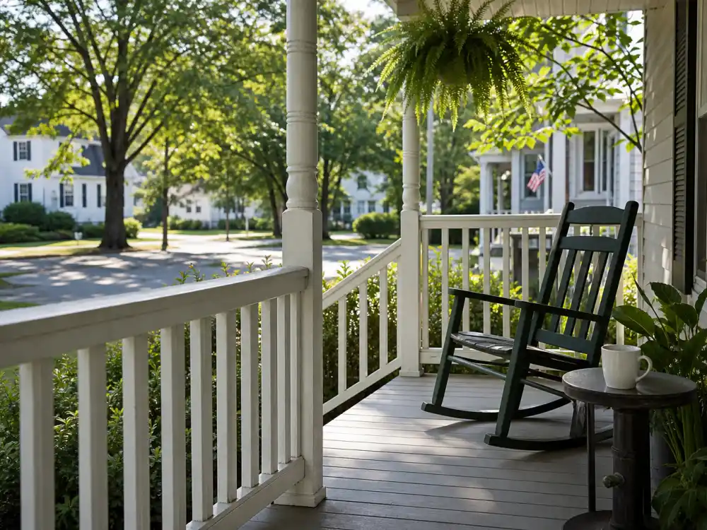 Peaceful suburban porch evoking the quiet life celebrities who quit Hollywood chose over red carpet fame