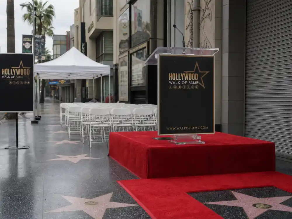 Empty Walk of Fame unveiling ceremony podium when celebrities who refused a Walk of Fame star skip the mandatory appearance