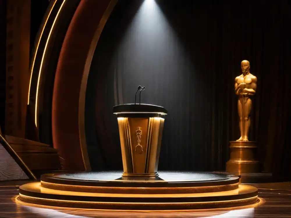 Vacant awards podium with golden statuette under spotlight represents Oscar moments when celebrities who refused or declined awards left the stage empty