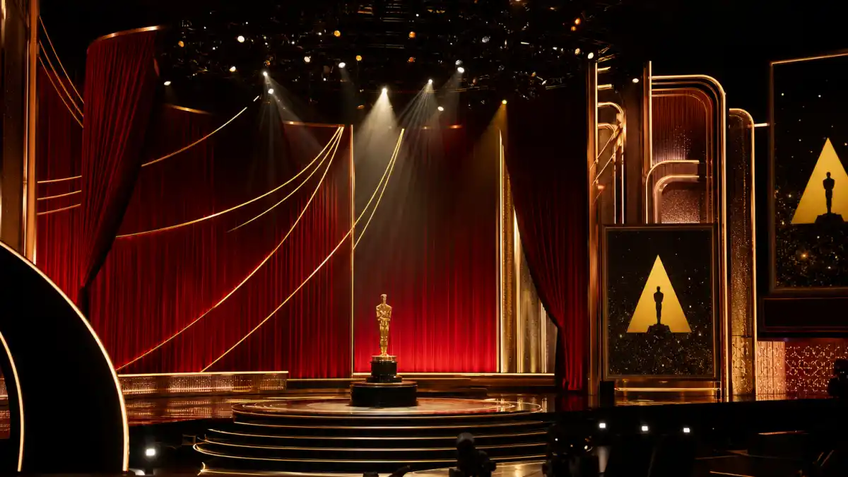Empty golden awards stage with statuette on vacant podium captures the silence when celebrities who refused or declined awards skip Oscar night