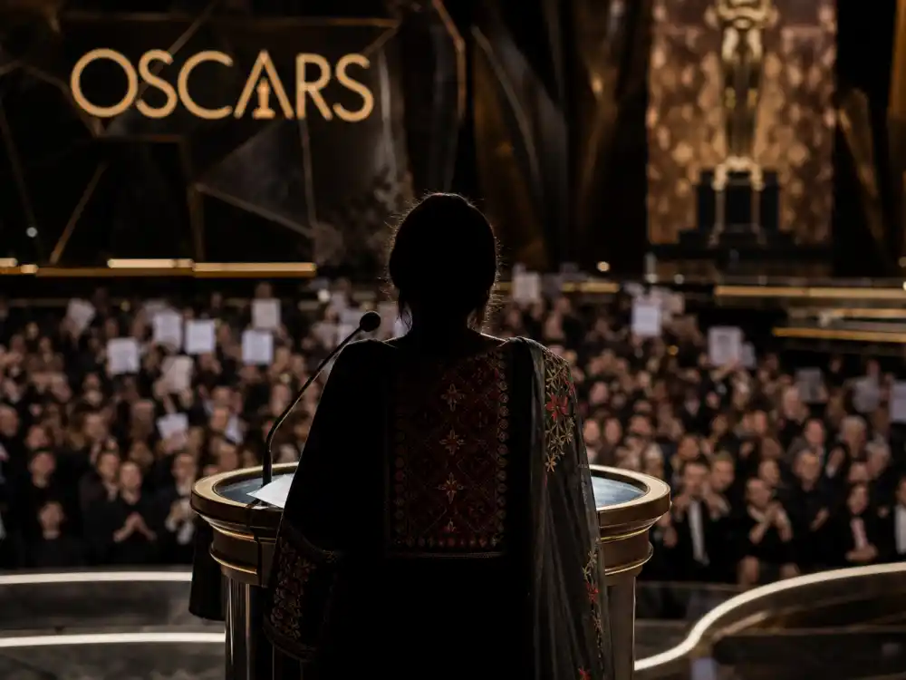 Silhouette at an awards podium during a protest speech recalls Sacheen Littlefeather and celebrities who refused or declined awards on live television