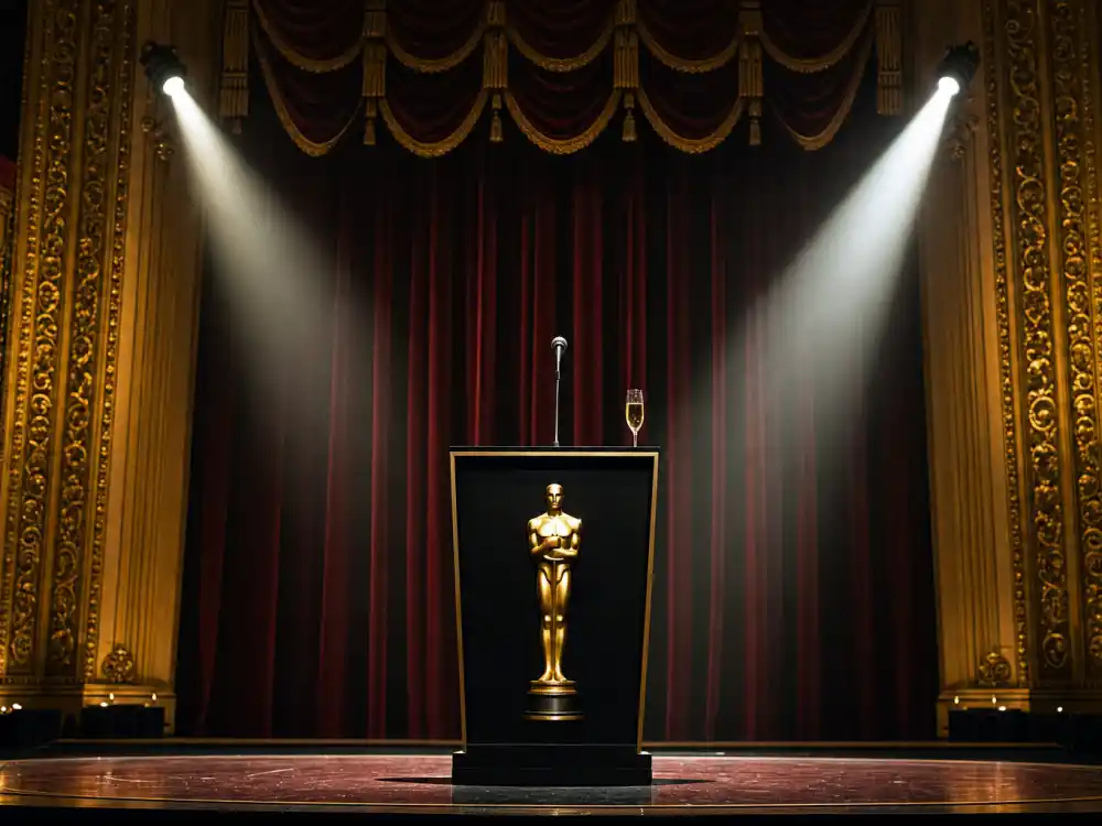 Vacant awards podium with golden trophy under spotlight represents Oscar moments when celebrities who skipped accepting their awards left the stage empty