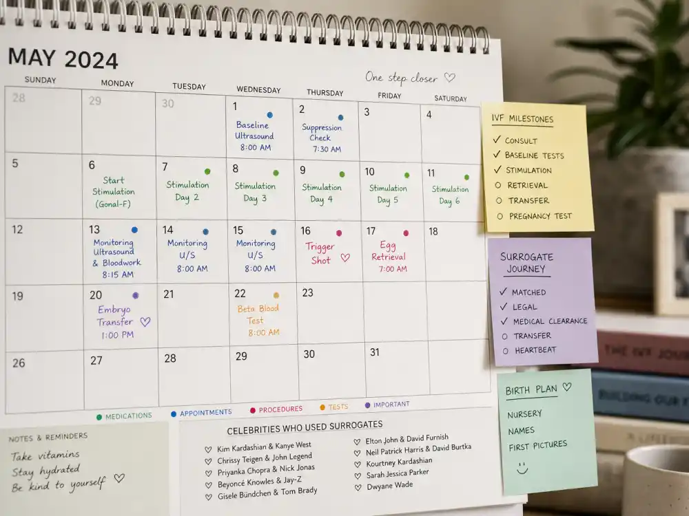 Family planning calendar with IVF and surrogate milestone notes for celebrities who used surrogates list editorial without identifiable faces