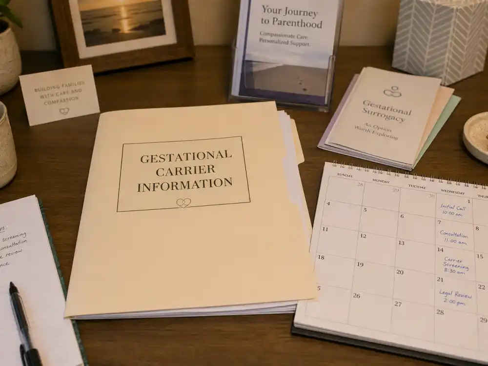 Gestational carrier information folder on desk for celebrities who used surrogates list — clinic pamphlets and appointment notes without identifiable faces