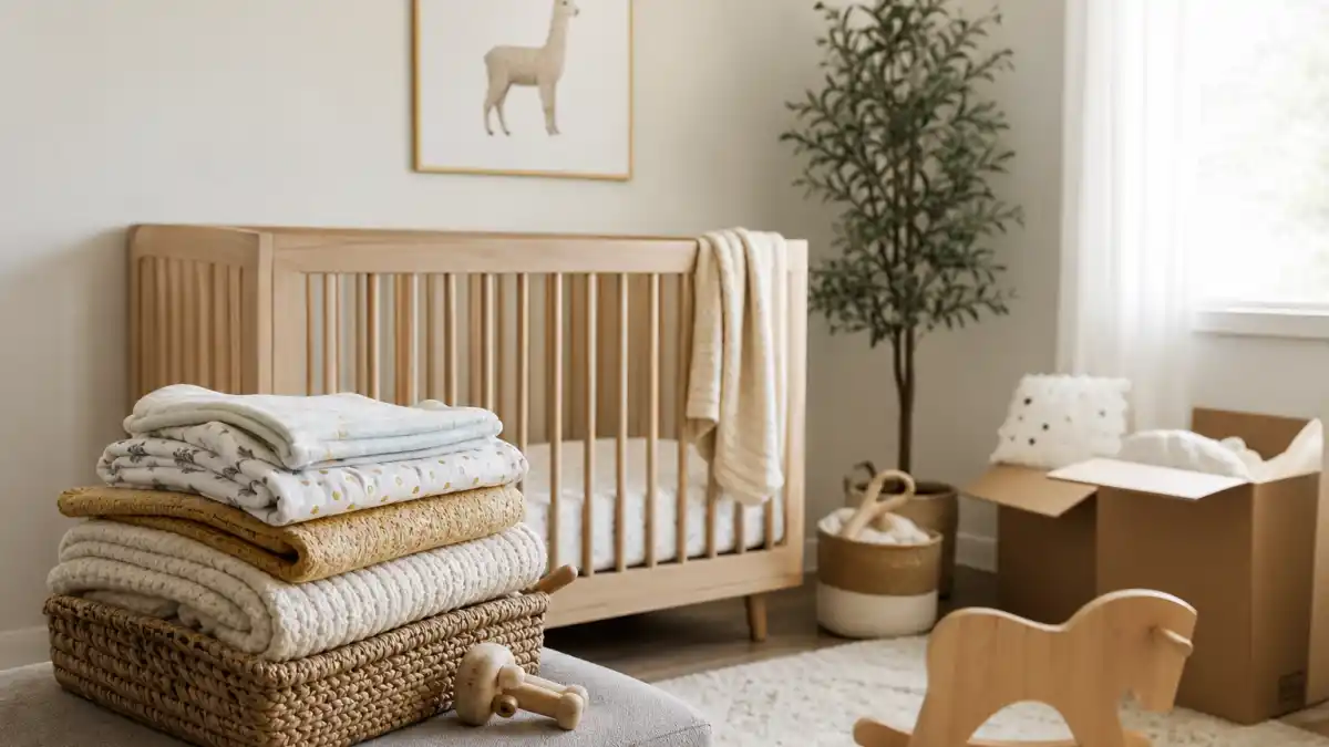Celebrities who used surrogates list nursery prep — neutral crib with folded blankets and family planning warmth without identifiable faces