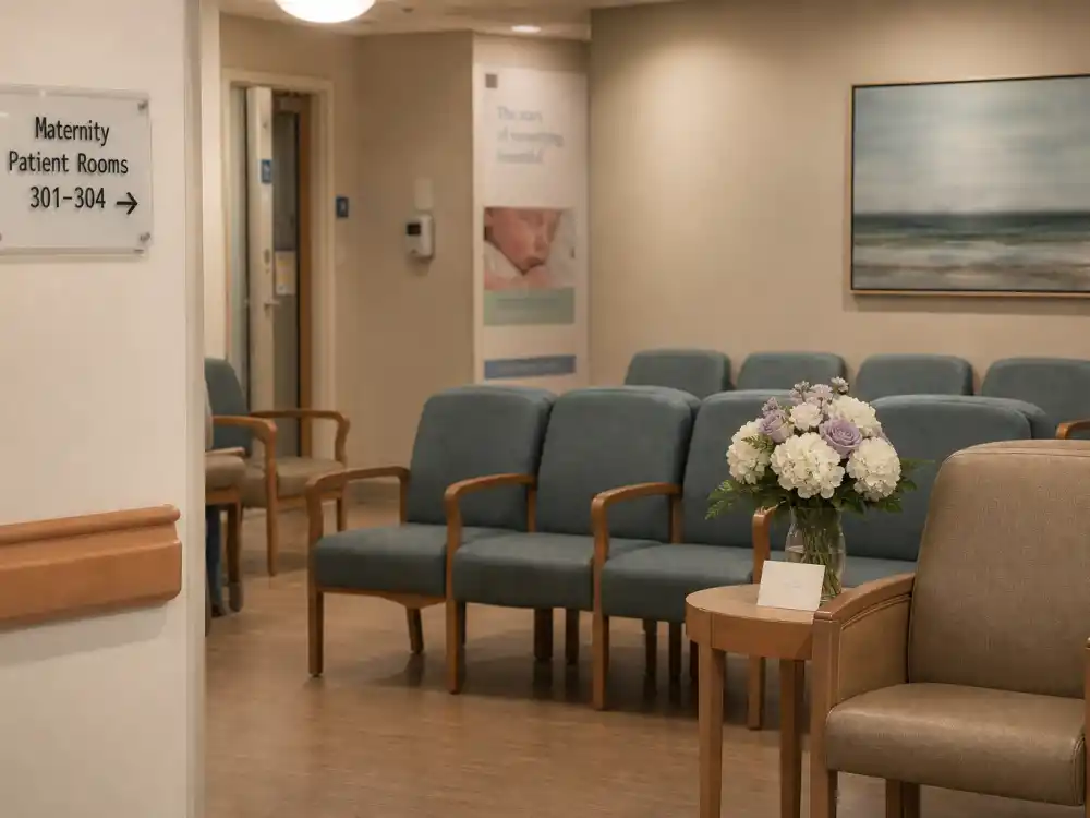 Hospital maternity waiting room for celebrities who used surrogates list birth-night context — empty chairs and flowers without identifiable faces