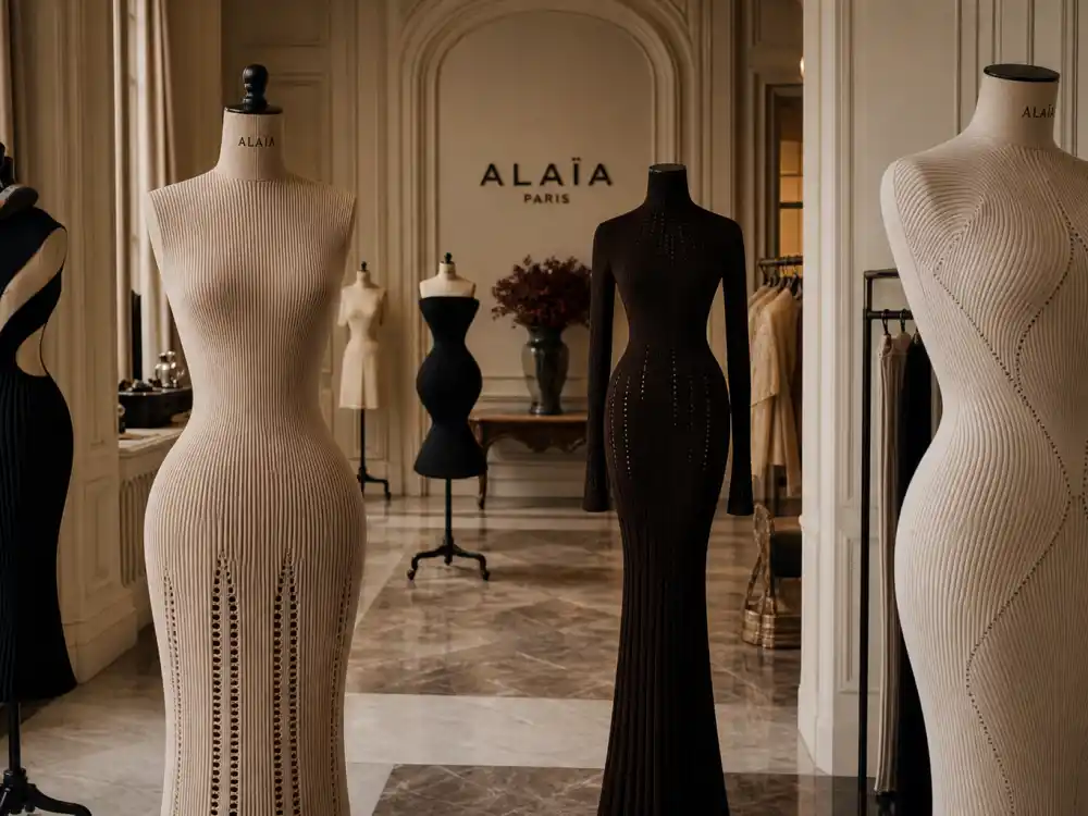 Alaïa Paris couture atelier interior with sculptural knit dresses on mannequins and marble floors where celebrities who wear Alaia source fittings before fashion month circuits