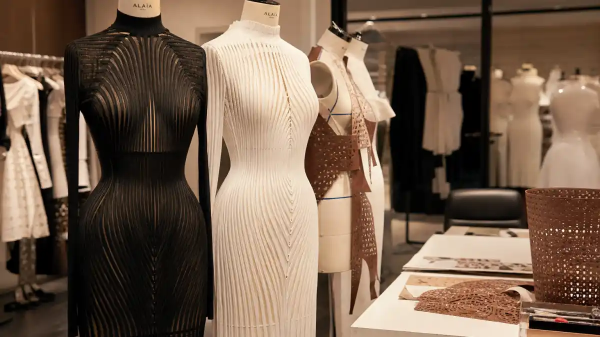 Alaïa Paris atelier with sculptural bodycon knit dresses and laser-cut leather on dress forms illustrating celebrities who wear Alaia red carpet and street style culture