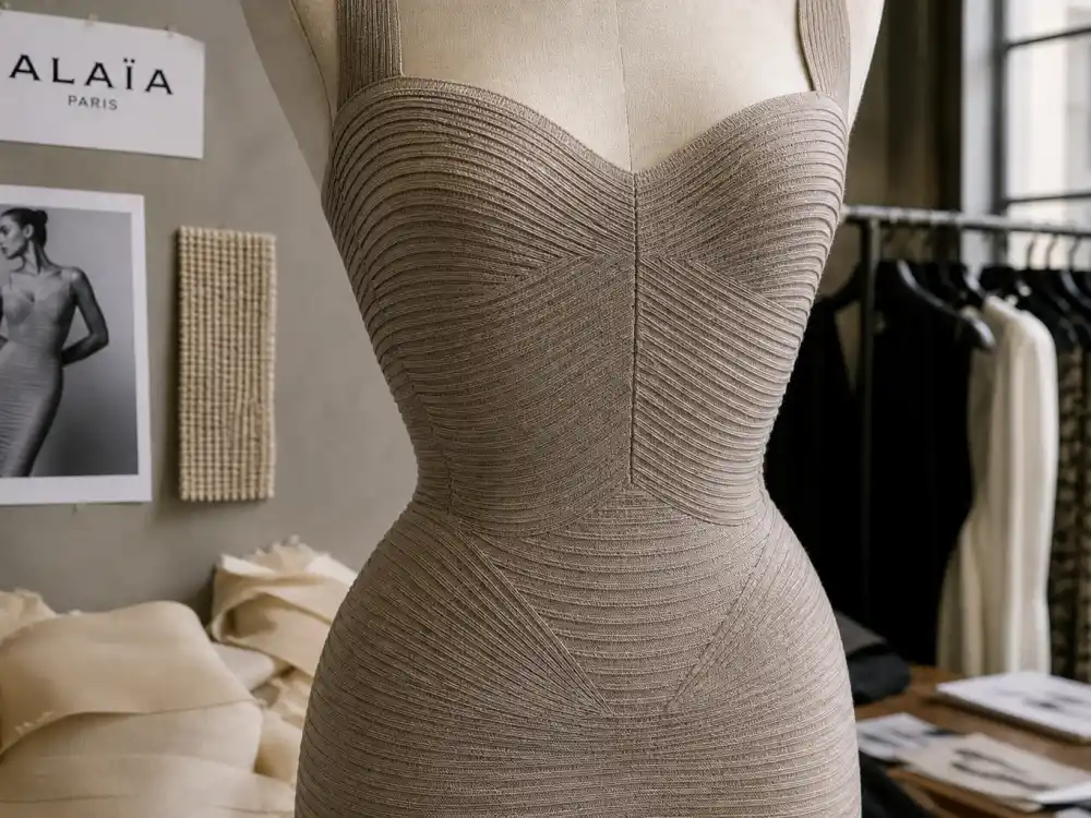 Iconic Alaïa bodycon knit bandage dress on mannequin showing ribbed sculptural texture and cinched waist defining the silhouette code celebrities who wear Alaia choose for premieres