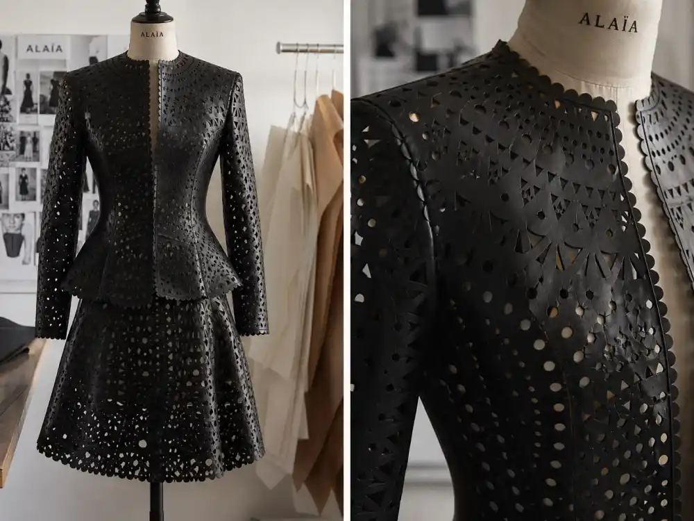 Alaïa laser-cut perforated black leather jacket and skirt on dress form showing precision cutouts celebrities who wear Alaia pair with knit columns on Cannes and Met Gala circuits